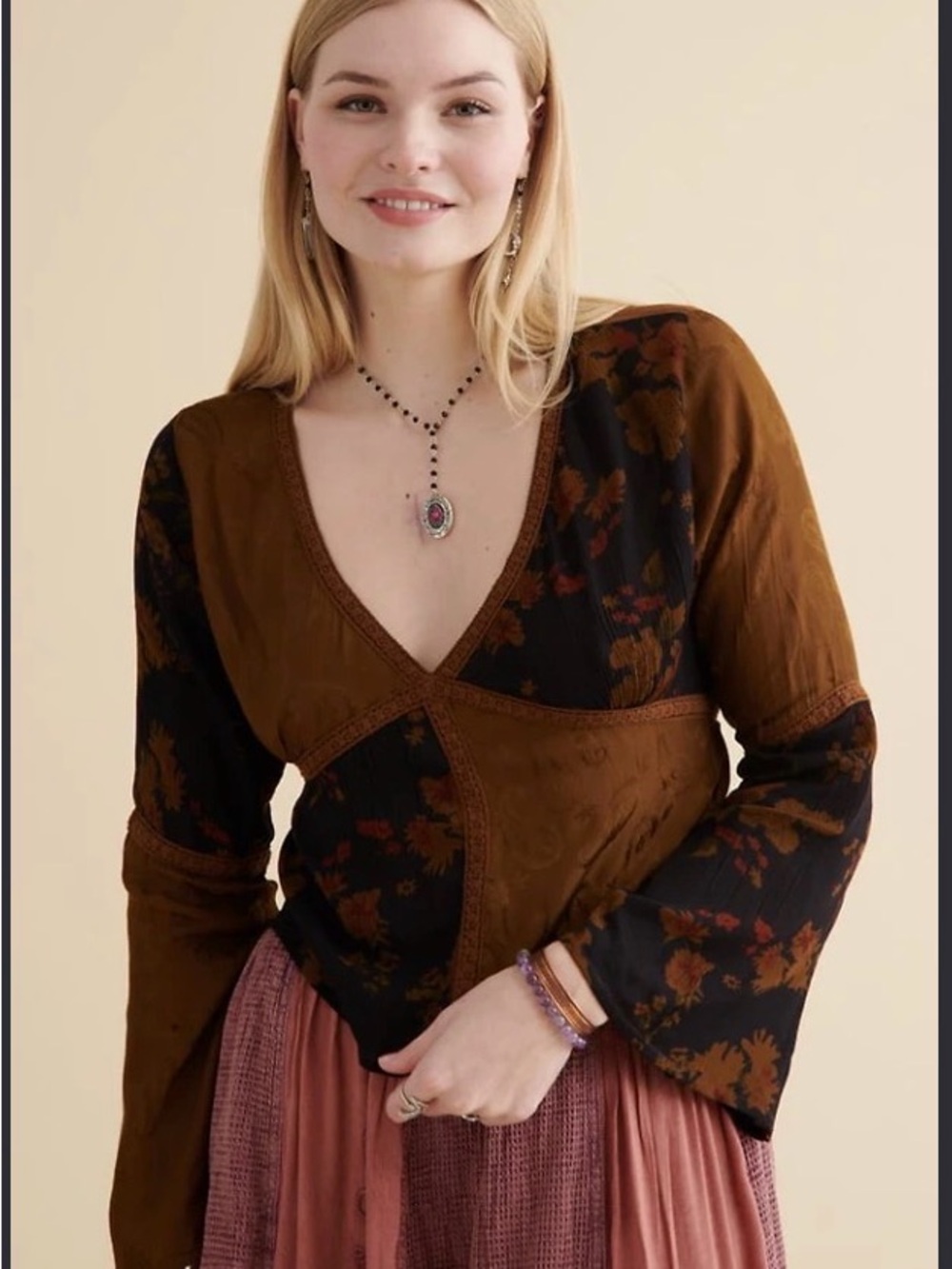 Earth Bound Trading Boho Crop brown patchwork Women’s Size Large